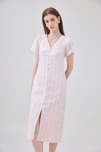 Elouise Eyelet Floral Button Midi Dress In Pink