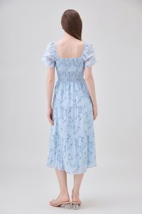 Emi Smocked Floral Midi Tier Dress In Powder Blue