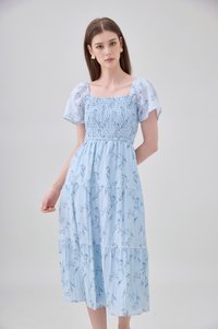 Emi Smocked Floral Midi Tier Dress In Powder Blue