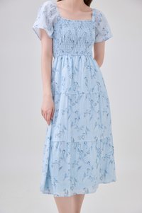 Emi Smocked Floral Midi Tier Dress In Powder Blue