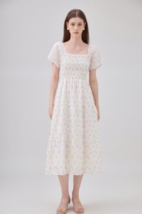 Jimena Smocked Floral Tiered Midi Dress In Lilac