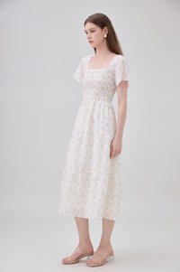 Jimena Smocked Floral Tiered Midi Dress In Lilac
