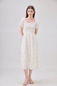 Jimena Smocked Floral Tiered Midi Dress In Lilac