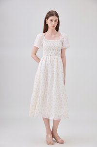 Jimena Smocked Floral Tiered Midi Dress In Lilac