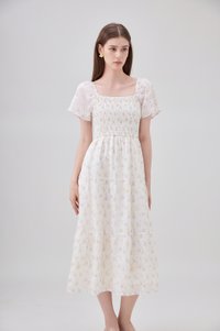 Jimena Smocked Floral Tiered Midi Dress In Lilac