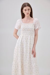 Jimena Smocked Floral Tiered Midi Dress In Lilac