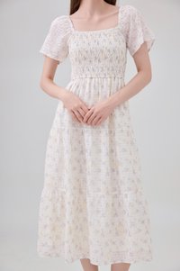 Jimena Smocked Floral Tiered Midi Dress In Lilac
