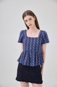 Celina Floral Vine Babydoll Top In Navy