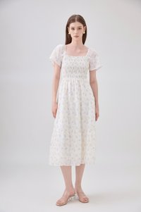 Jimena Smocked Floral Tiered Midi Dress In Blue