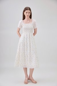 Jimena Smocked Floral Tiered Midi Dress In Blue