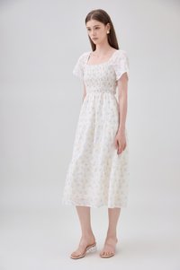 Jimena Smocked Floral Tiered Midi Dress In Blue
