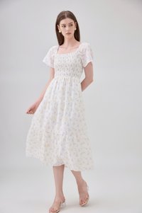 Jimena Smocked Floral Tiered Midi Dress In Blue