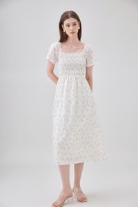 Jimena Smocked Floral Tiered Midi Dress In Blue
