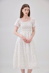 Jimena Smocked Floral Tiered Midi Dress In Blue