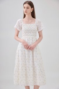 Jimena Smocked Floral Tiered Midi Dress In Blue