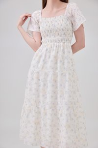 Jimena Smocked Floral Tiered Midi Dress In Blue