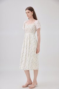 Emi Smocked Floral Midi Tier Dress In Cream