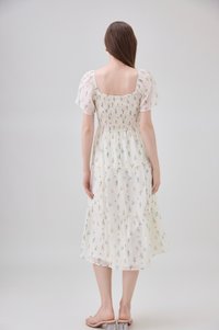 Emi Smocked Floral Midi Tier Dress In Cream