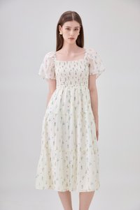 Emi Smocked Floral Midi Tier Dress In Cream