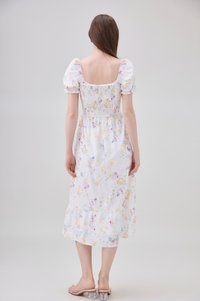 Oakleigh Smocked Ruffled Floral Midi Dress In Watercolour Floral