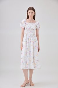 Oakleigh Smocked Ruffled Floral Midi Dress In Watercolour Floral