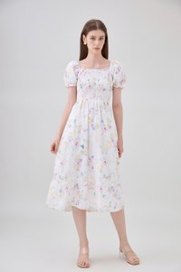 Oakleigh Smocked Ruffled Floral Midi Dress In Watercolour Floral