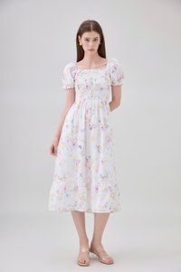 Oakleigh Smocked Ruffled Floral Midi Dress In Watercolour Floral