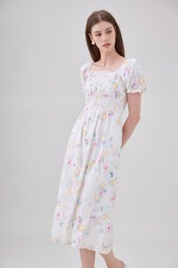 Oakleigh Smocked Ruffled Floral Midi Dress In Watercolour Floral