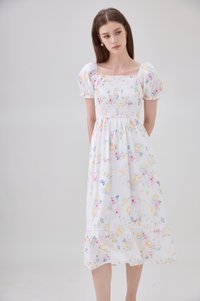 Oakleigh Smocked Ruffled Floral Midi Dress In Watercolour Floral