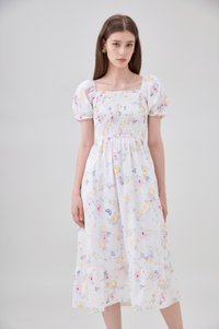 Oakleigh Smocked Ruffled Floral Midi Dress In Watercolour Floral