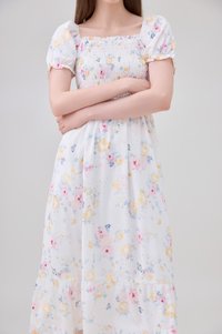 Oakleigh Smocked Ruffled Floral Midi Dress In Watercolour Floral