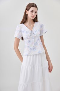 Reina Pastel Floral Ribbon Top In Soft Blue