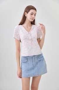 Reina Pastel Floral Ribbon Top In Soft Pink