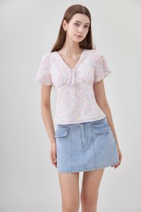 Reina Pastel Floral Ribbon Top In Soft Pink
