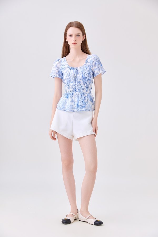 Arisbeth Toile Smocked Waist Ribbon Top