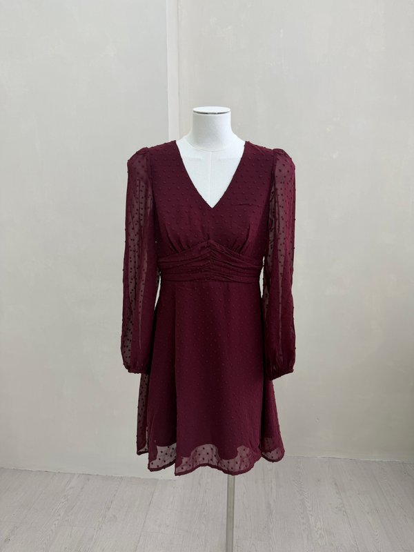 Kathleen Empire Swiss Dot Dress in Wine(XS)