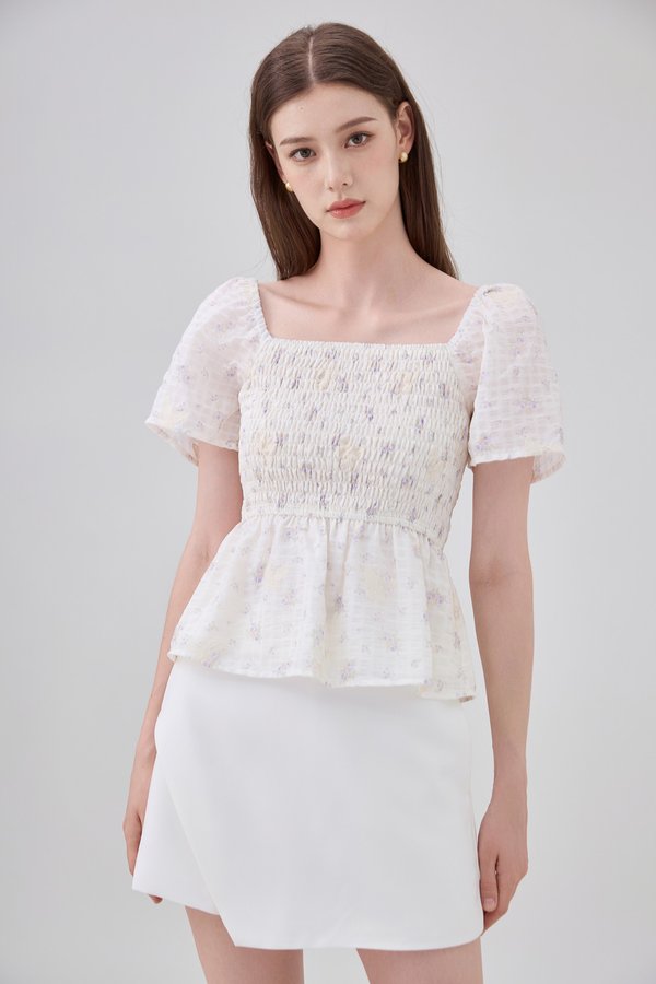 Jimena Smocked Floral Babydoll Top In Purple
