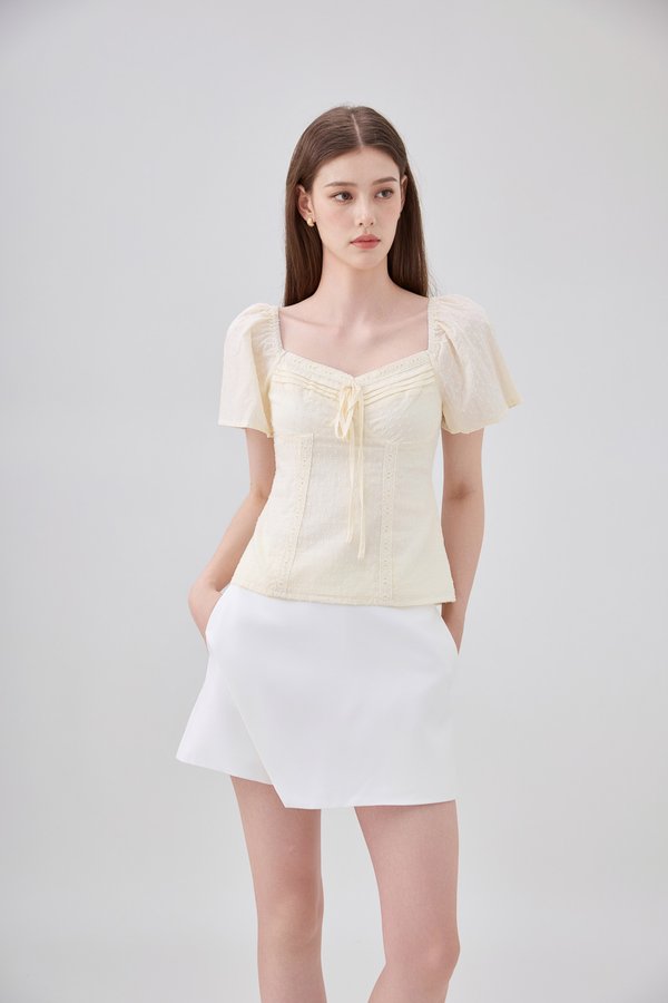 Karsyn Swiss Dot Crochet Ribbon Top In Butter Cream