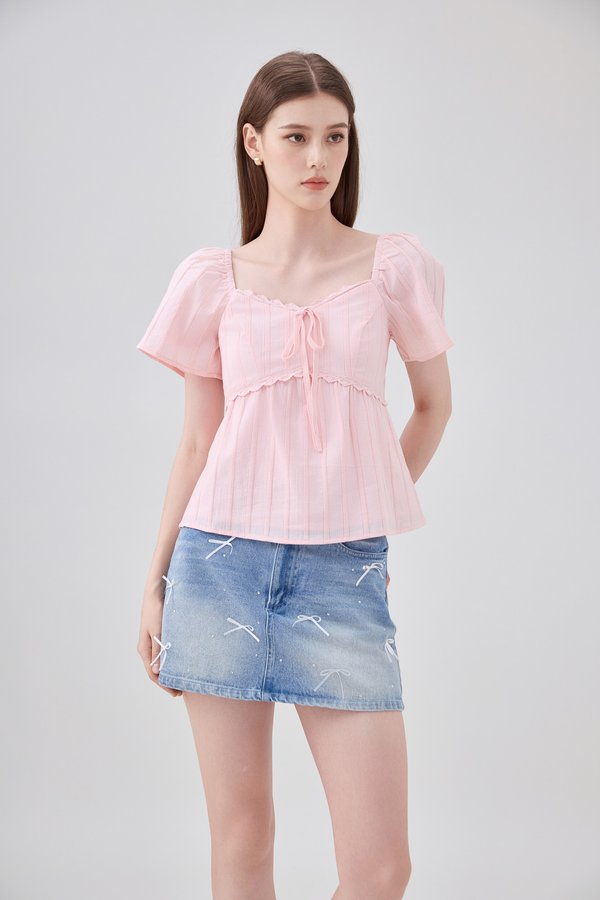 Miranda Pintuck Lace Ribbon Top In Pink