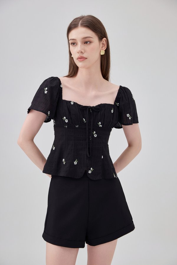 Mariel Swiss Dot Ruched Floral Top In Black