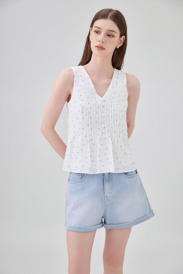 Eleanora Pintuck Floral Button Top In White