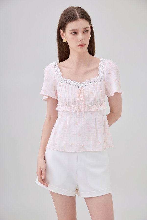 Laurel Gingham Floral Ribbon Top In Pink