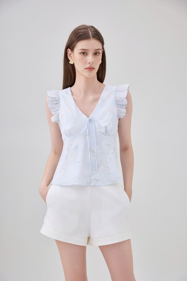 Soraya Ruffles Floral Ribbon Top In Soft Blue