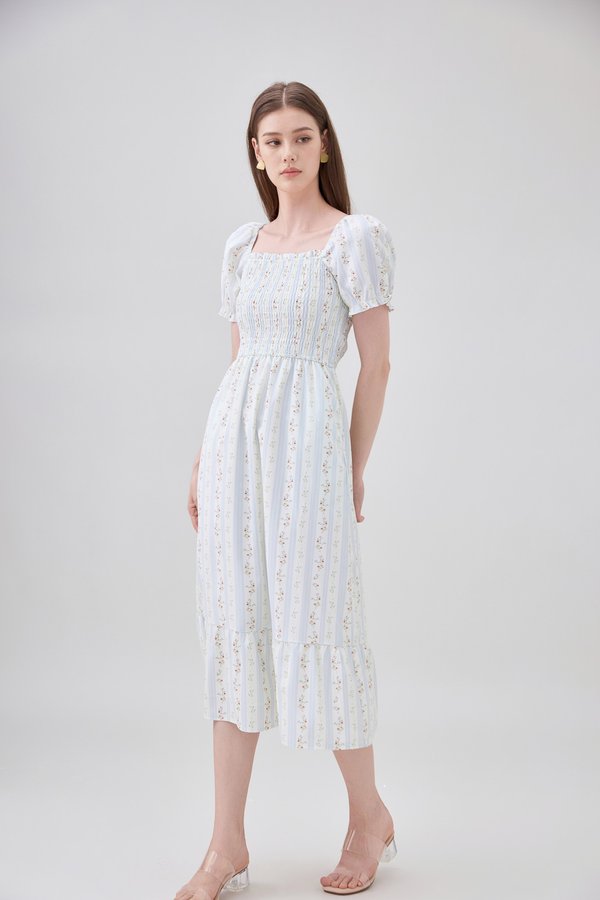 Lillie Smocked Ruffles Floral Midi Dress In Floral Stripe