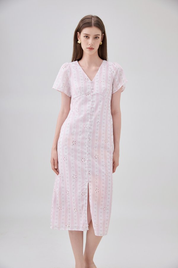 Elouise Eyelet Floral Button Midi Dress In Pink
