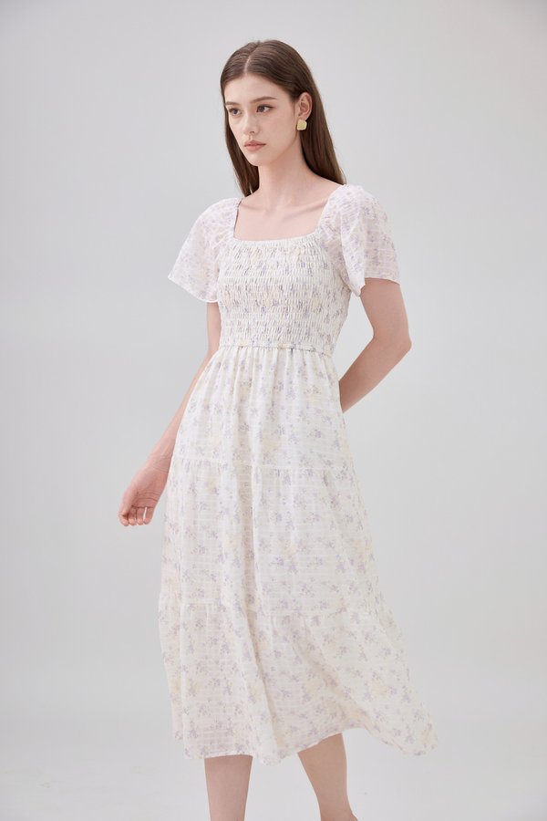 Jimena Smocked Floral Tiered Midi Dress In Lilac