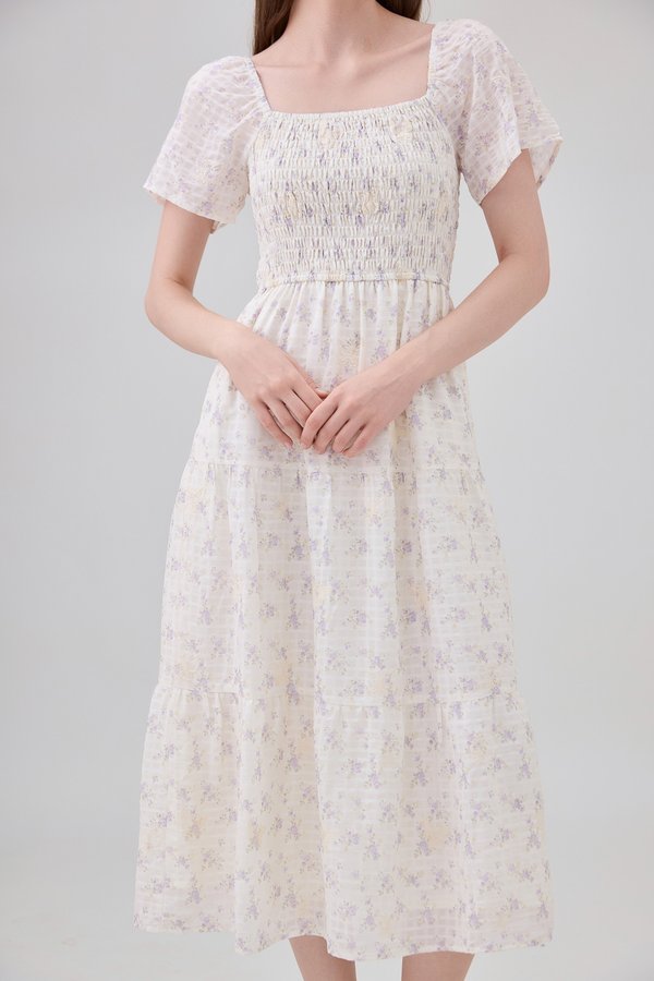 Jimena Smocked Floral Tiered Midi Dress In Lilac