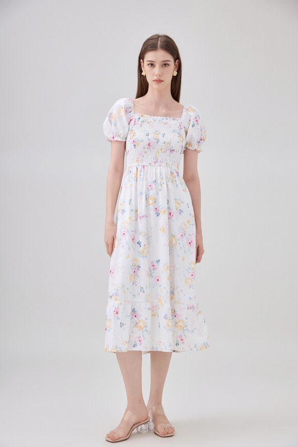 Oakleigh Smocked Ruffled Floral Midi Dress In Watercolour Floral