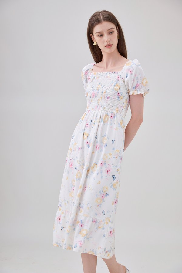 Oakleigh Smocked Ruffled Floral Midi Dress In Watercolour Floral