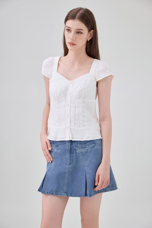 Thalia Lace Pintuck Button Top In White